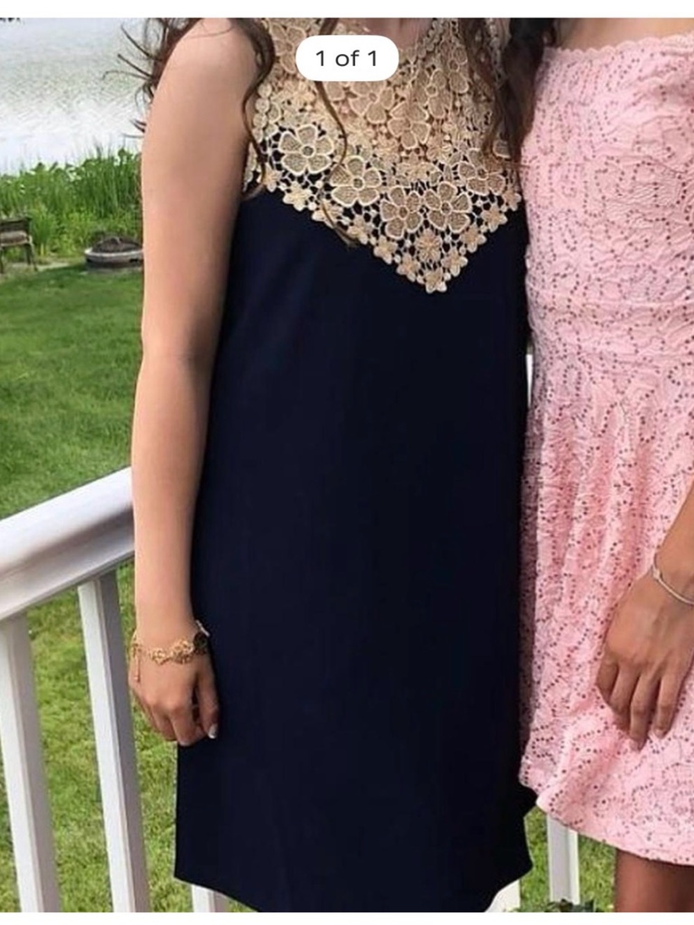 Lilly Pulitzer Navy Dress with Gold Lace Yoke